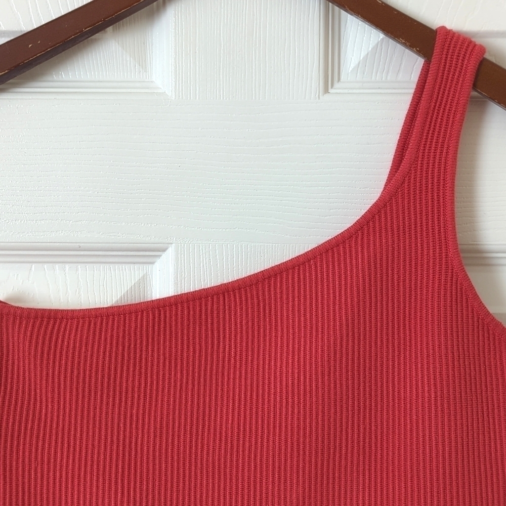House Of Harlow 1960 Ribbed Knit One Shoulder Cropped Tank Top Coral Red Medium - Picture 2 of 9